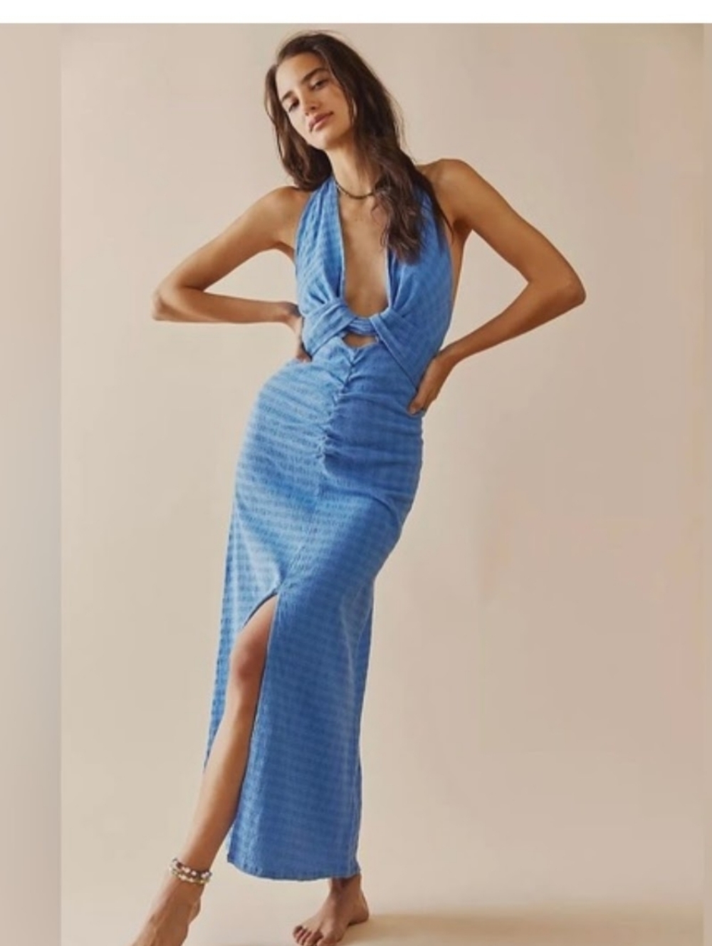Free People Blue Halter Maxi Dress with Front Twist